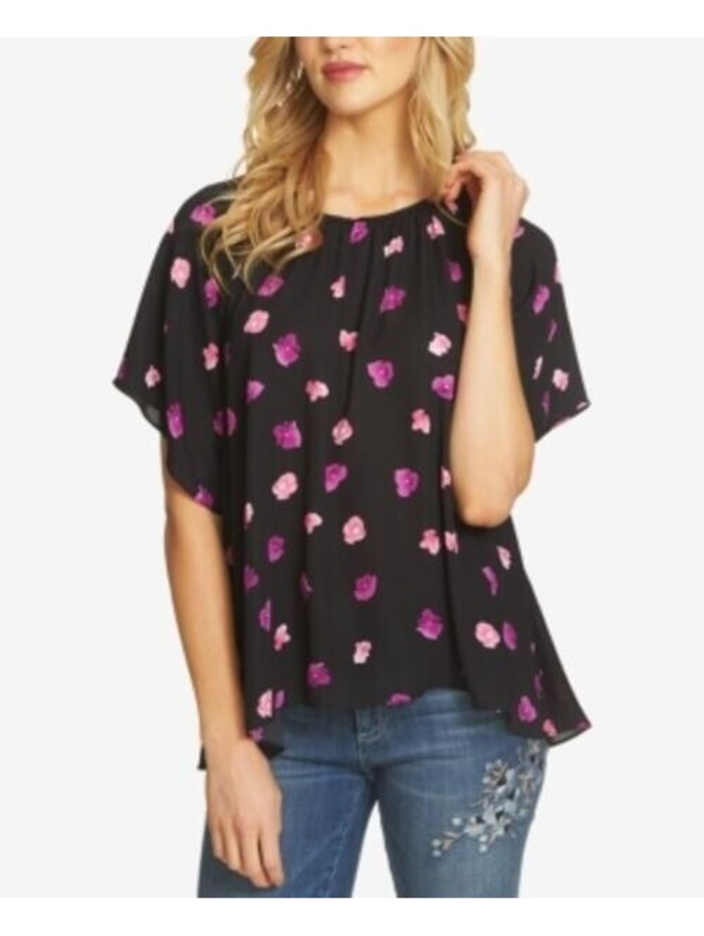 Women's Cece Petal Print Crepe Blouse, Black Size XS